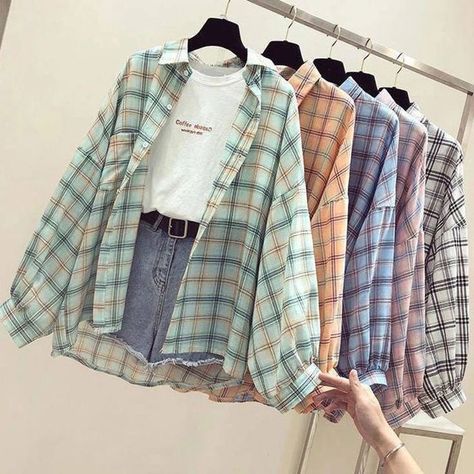 Mode Indie, Korean Shirt, Checked Blouse, Korean Casual Outfits, Sketches Dresses, Loose Long Sleeve, Shirt Female, Fashionista Clothes, Easy Trendy Outfits