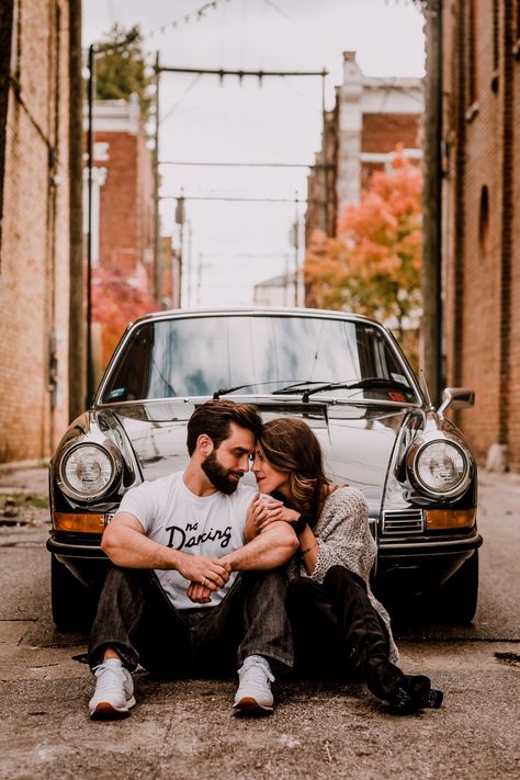 Couple Posing With Car, Car Poses For Couples, Couple Pose In Car, Couple Pose With Car, Engagement Car Photos, Couple In Front Of Car, Engagement Photo With Car, Couples With Cars Photography, Prewedding Car