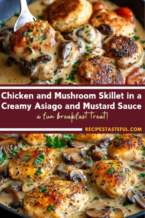 Chicken and Mushroom Skillet in a creamy Asiago and mustard sauce is a rich, savory one-pan meal. Tender chicken, mushrooms, and a velvety sauce come together for a flavorful, easy-to-make dish perfect for weeknights or special occasions. Serve over rice or pasta for a satisfying dinner! Chicken And Mushroom Skillet, Asiago Recipes, Mustard Sauce For Chicken, Asiago Chicken Pasta, Creamy Chicken Mushroom Pasta, Mushroom Skillet, Asiago Chicken, Chicken And Cheese Recipes, Chicken Mushroom Pasta