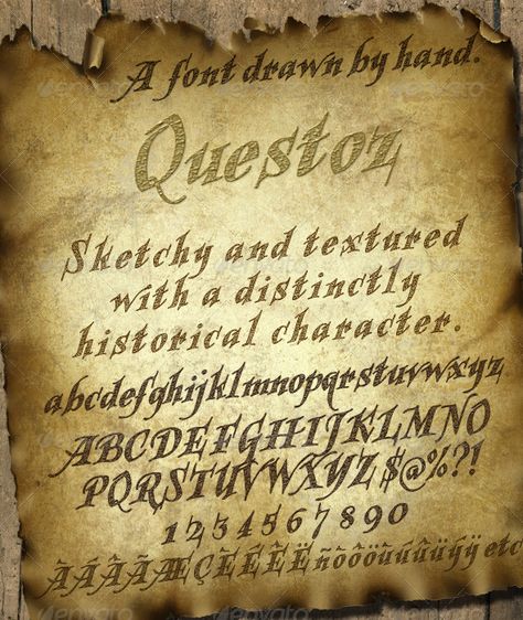 Questoz: Historical Lettering Font  #GraphicRiver         Another hand-drawn typeface, this time with an old fashioned feel. It has a sketchy texture and a strong italic style, and is chunky whilst keeping its lightness. This font is ideal for historical projects; old maps, posters and flyers about dragons and demons, treasure and travel. (The background in this preview can be found in my Paper & Stationery Collection, found on my profile page.)  	 Kerning was extremely difficult to work out in Historical Fonts, Fonts Style, Hand Drawn Typeface, Wallet Art, Professional Fonts, Lettering Alphabet Fonts, Web Layout Design, Old Maps, Stationery Collection