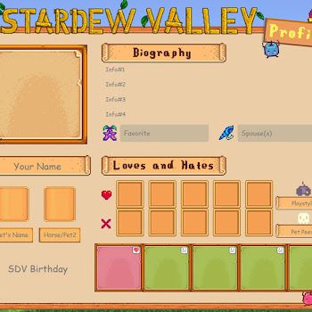 Stardew Valley OC Profile Maker - Life After Grind Stardew Template, Stardew Valley Profile Template, Stardew Valley Farmer Profile, Stardew Valley Character Sheet, Stardew Valley Oc Template, Stardew Valley Template, Stardew Valley Printable, Stardew Farmer Oc, Aesthetic Stardew Valley Farms