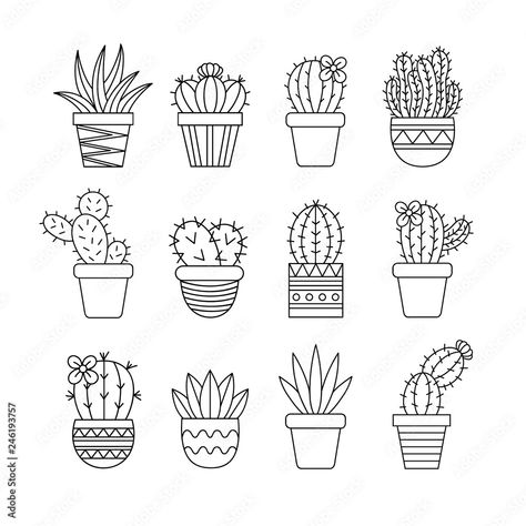 Cute cactus set, different types of cacti in patterned plant pots, vector illustrations, succulent isolated outlined icon collection. Stock Vector | Adobe Stock Plant Doodle, Ipad Painting, Cactus Tattoo, Bestie Tattoo, Cactus Drawing, Hand Doodles, Valentine Coloring Pages, Miniature Embroidery, Cactus Types