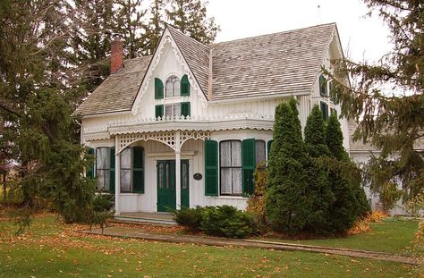 Gothic Revival Cottage, American House Style, Gothic Farmhouse, Gothic Cottage, Gothic Revival House, Ontario Cottages, Gothic Revival Architecture, Green Shutters, Gothic Windows