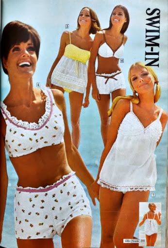 early 1968 fashion from Sears. Kathy McKay, Lucy Angle, unknown model and Cay Sanderson. 1960 Swimwear, Late 60s Early 70s Fashion, 1960s Swimwear, 1968 Fashion, Vintage Beachwear, 70s Mode, Retro Bathing Suits, 1960's Fashion, Retro Swimwear