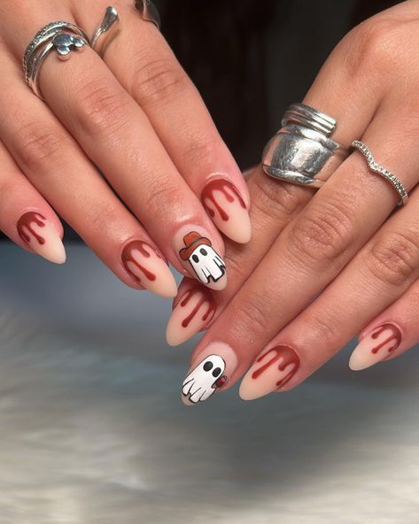 Blood Drip Nails, Nail Designs For 2023, Fall Nails 2023, Cowboy Nails, Halloween Nail Art Ideas, Cowboy Ghost, Halloween Decor Diy, Blood Drip, Brown Nails Design