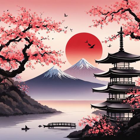 Traditional Japanese pagoda surrounded by blooming cherry trees in full pink blossom, embodying beauty of springtime royalty free stock image Cherry Blossom Tree Drawing, Vector Mountain, Japanese Scenery, Japanese Pagoda, Japanese Temple, Cherry Trees, Pretty Tattoos For Women, Sakura Tree, Cherry Blossom Tree