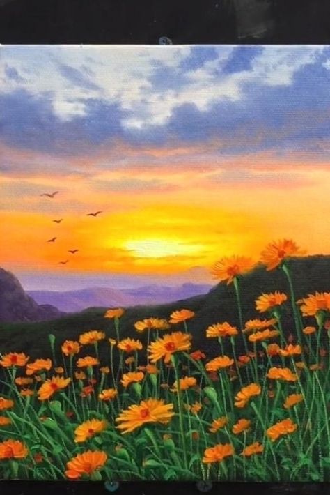 Sunset Wildflower Landscape Acrylic Painting, #Acrylic #Landscape #Painting #Sunset #Wildflo... #nailartideas #nailart Acrylic Sunset, Wildflower Landscape, Landscape Acrylic, Canvas Painting Tutorials, Landscape Paintings Acrylic, Portrait Paintings, Painting Art Lesson, Kraf Diy, Small Canvas Art