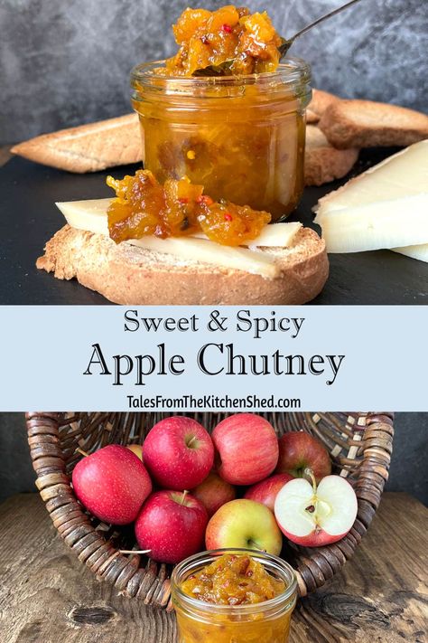 Sweet and Spicy Apple Chutney Spiced Apple Chutney Recipe, Apple Chutney Recipes, Canning Apple Chutney, Slow Cooker Apple Chutney Recipe, Spicy Chutney, Christmas Jams And Chutneys, Apple Chutney Recipe Canning, Apple Chutney For Pork Chops, Canned Chutney Recipes