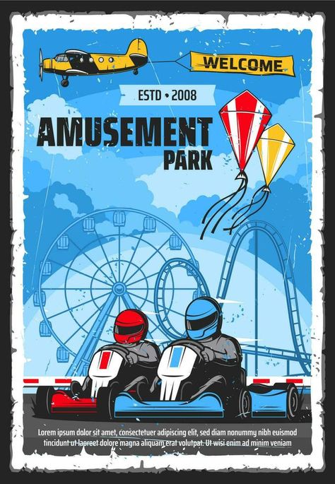 Amusement park, funfair attractions Carnival Attractions, Amusement Park Poster, Family Weekend Activities, Carnival Design, On Airplane, Theme Parks Rides, Vector Poster, City Icon, Amusement Park Rides