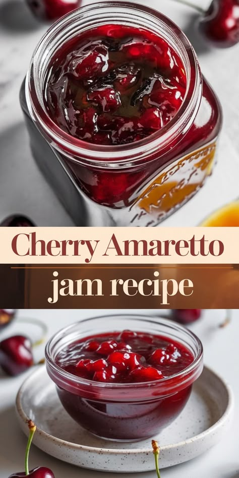 Homemade Cherry Amaretto Jam Recipe - Emma's Cake Studio Cherry Amaretto Jam, Cherry Almond Jam, Cherry Jalapeno Jam Recipe, Jellies And Jams, Unique Jam Recipes, Cherry Butter Recipe, Tart Cherry Jam, Jam Flavors, Jams And Jelly Recipes