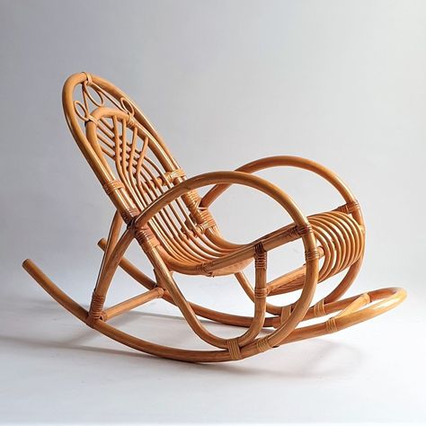 Listed on VNTG.com: Vintage Rattan Children's Rocking Chair, 1970s | #vntg #vintage Baby Chair Design, Aesthetic Chairs, Cane Rocking Chair, Rattan Rocking Chair, Childrens Rocking Chairs, Vintage Rattan, Baby Chair, Woven Wood, Embroidery Neck Designs