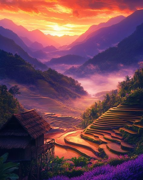 A breathtaking sunset over terraced fields in a lush, mountainous landscape. The sky is painted in vibrant shades of purple, pink, and orange as the sun begins to set behind the distant hills. #SunsetParadise #TerracedFields #MountainSunset #VibrantSkies #RicePaddies #CountrysideDream #NatureMagic #GoldenHourGlow #LavenderFields #SereneLandscapes #TranquilVibes #MajesticMountains #ColorfulHorizon #IdyllicScenes #SunsetVibes Mountain Sunset Painting, Mountain Lake Sunset Painting, Orange Mountain Painting, Mountain Sunset Landscapes, Sunset Behind Mountains, Sunrise Behind Mountains, Orange Sunset Mountains, Mountain Sunset, Lavender Fields