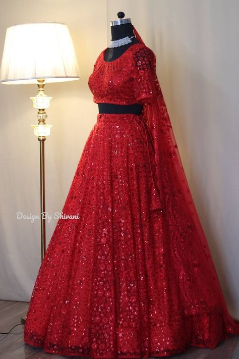 Check out this item in my Etsy shop https://www.etsy.com/in-en/listing/1343156690/red-bridal-thread-and-sequins Priyanka Chopra Lehenga, Red Bridal Lehenga, Engagement Lehenga, Red Lehenga Choli, Dainty Dress, Bridal Lehenga Designs, Pakistani Formal Dresses, Reception Lehenga, Wedding Dresses Indian