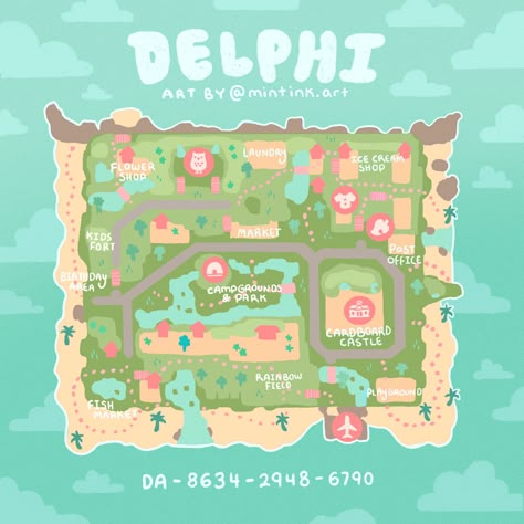 Illustrated map of Delphi, a pastel kidcore animal crossing island Acnh Kidcore Island Map, Acnh Kidcore Map, Acnh Kidcore Dream Address, Dream Islands Acnh, Kidcore Animal Crossing Island, Pastel Kidcore Acnh, Dream Address Animal Crossing, Kid Core Acnh, Animal Crossing Maps