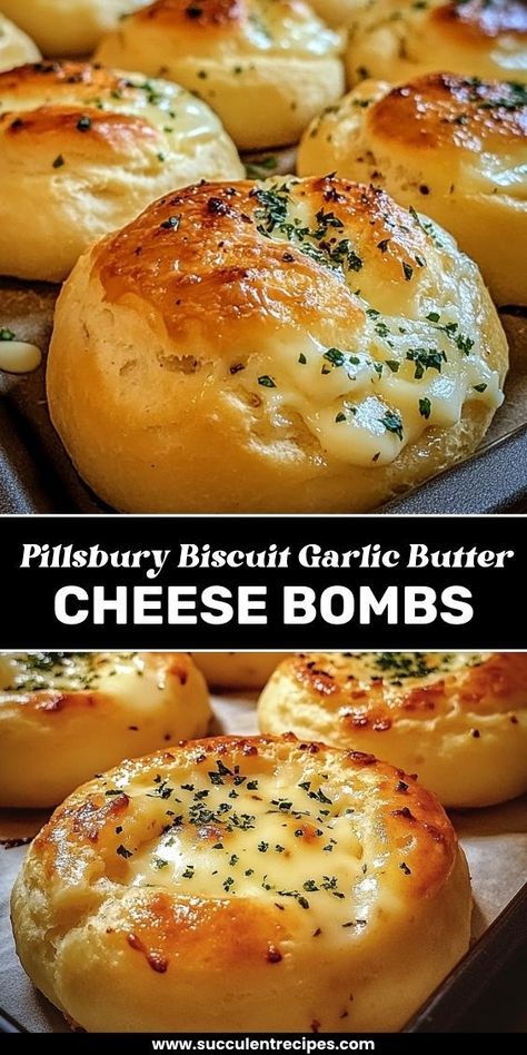 These Pillsbury Biscuit Garlic Butter Cheese Bombs are irresistibly cheesy, buttery, and full of garlicky goodness! Perfect as a quick appetizer or side dish for any occasion. Cheese Filled Biscuits, Pillsbury Garlic Cheese Balls, Meatball Biscuit Appetizer, Cheese Burger Biscuits, Grands Biscuit Appetizer Recipes, Pillsbury Biscuit Garlic Butter Cheese Balls, Honey Butter Biscuits Pillsbury Recipes, Biscuits With Cheese Inside, Appetizer Recipes Using Canned Biscuits