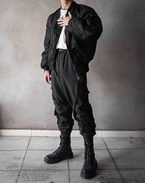 Techwear, Streetwear, Bomber Jacket, Jacket, Cargo Pants, Tech Pants, Emo, Black, Dark, Outfit, Black Outfit, All Black Outfit, Future, Futuristic, Darkwear, Cyberpunk, Chains, Eboy, Anime Boy, Kpop, Fashion, Streetstyle, Techno, Aesthetic, Photography, Urban, Urban Style Dark Techno Aesthetic Fashion, Male Cyberpunk Outfit, Tactical Outfits Men, Cyberpunk Outfit Men, Kc Aesthetic, Cyberpunk Style Outfit, Cyberpunk Outfit Male, Dark Wear Men, Cyberpunk Style Men