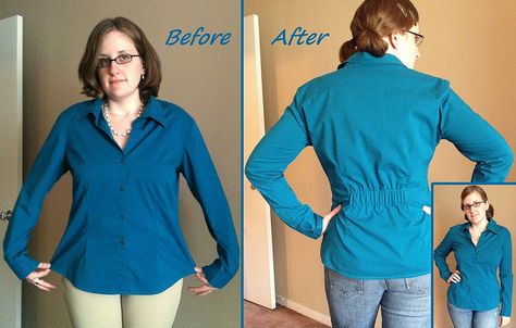 http://www.carissaknits.com/2012/10/taking-it-in-part-v-cinch-it.html Clothing Makeovers, Clothing Refashion, Cinched Top, Diy Elastic, Mens Shirt Refashion, Sewing Tops, Upcycle Clothes Diy, Sewing Alterations, Sewing Clothing