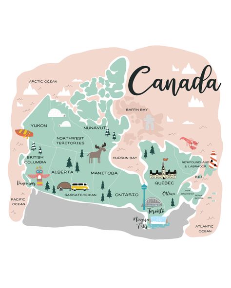 Map Of Canada Provinces, British Columbia Map, Canada Illustration, Canada Provinces, Map Of Canada, Ice Cream Coloring Pages, Illustrated Maps, Canada Map, Eastern Canada