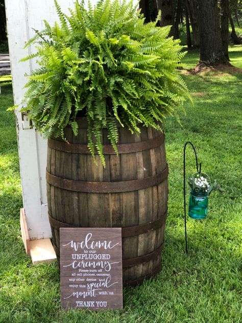 Ferns On Whiskey Barrels Wedding, Chateaux Wedding, Fall Outdoor Decor Porch, Whiskey Barrel Decor, Wine Barrel Decor, Whiskey Barrel Planter, Planter Arrangements, Barrel Ideas, Farmhouse Porch Decor