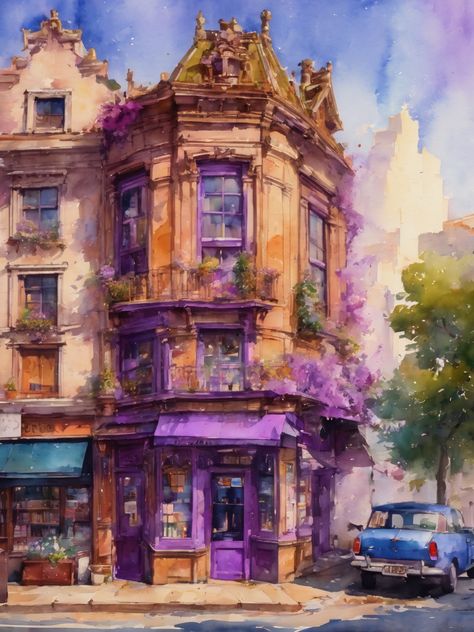 Cute vintage roadside bookstore ,purple color scheme, AI art, Watercolor painting, landscape art, wattpad Bookstore Watercolor Painting, Library Watercolor Painting, Library Aesthetic Drawing, Purple Library Aesthetic, Bookshop Painting, Bookstore Drawing, Fantasy Bookstore, Bookstore Painting, Bookstore Illustration