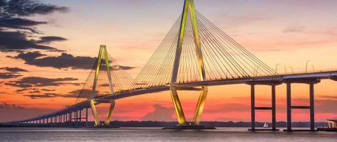 Arthur Ravenel Jr. Bridge in Charleston, South Carolina Charleston Itinerary, Cable Stayed Bridge, Charleston Art, Lake Pontchartrain, Mount Pleasant Sc, U.s. States, Charleston South Carolina, Kayak Fishing, Virtual Tour