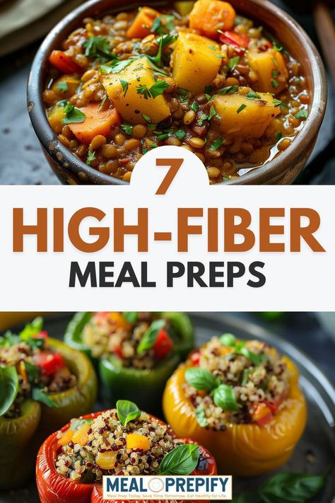 Collage of high-fiber dishes, including curry and salads, perfect for planning High-Fiber Meal Preps. Fiber And Protein Foods, High Fiber Low Carb Meal Plan, Higher Fiber Meals, Fiber Sources Food, Meals With High Fiber, High Fiber Grocery List, High Fiber Meal Prep Recipes, High Fiber Lunch Ideas For Work, Low Calorie High Fiber Foods