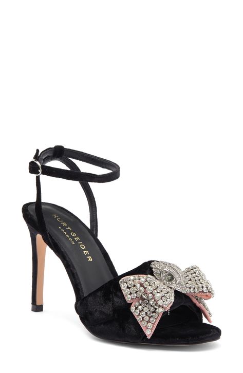 A crystal-dusted bow makes a glamorous statement at the toe of this scene-stealing sandal secured by a slim strap at the ankle. 4" heel Adjustable ankle strap with buckle closure Textile upper/synthetic lining and sole Imported Nordstrom Shoes, Kurt Geiger Heels, London Kensington, Kensington London, Strap Sandals Women, Shoes High Heels, Shoes High, Womens Shoes High Heels, Kurt Geiger