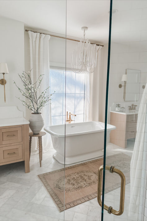 Light and bright bathroom views with spring florals and textured vase. I keep my bathroom fairly minimal so that it can really speak for itself 

Bathroom views, home finds, light and bright, spring bathroom, gold detail, faux florals, lighting detail, bright and airy, rug runner, spring refresh, curtain detail, neutral home, aesthetic home, Pottery Barn style, creamy whites, neutral wood tone Bathroom Ideas With Shower Curtain, Shower Curtain Aesthetic, Neutral Kids Bathroom, Neutral Shower Curtains, Small Bathroom With Tub, Bathroom With Tub, Pottery Barn Style, Neutral Bathroom, Bright Bathroom