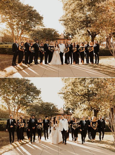 Bridal Party Dressed In Black, Black Bridesmaid And Groomsmen Outfits, Black Bridesmaids Dresses With Groomsmen, Wedding Party All Black, Black Wedding Bridal Party, Black And White Bridal Party Attire, Black And Gold Bridal Party, All Black Bridal Party Attire, Black Bridesmaid Dresses With Groomsmen