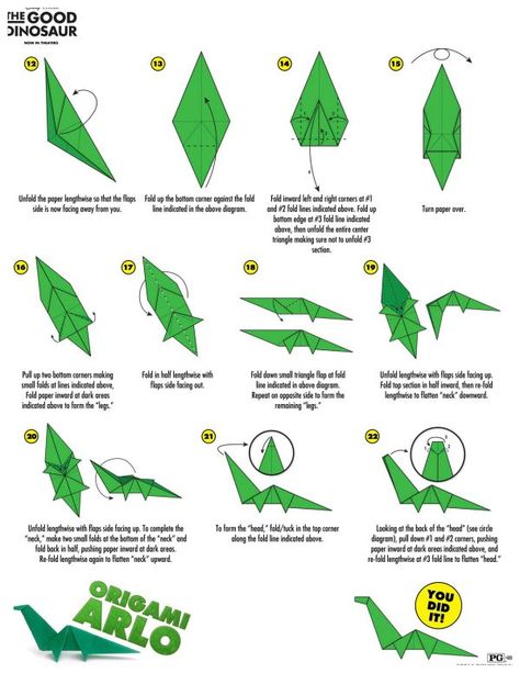 Disney The Good Dinosaur Arlo Origami Craft Instructions Rainbowloom Ideas, Origami Kids, Dino Craft, Origami Dinosaur, Dinosaur Origami, Animal Origami, Flower Earrings Diy, Instructions Design, Smart Cookies