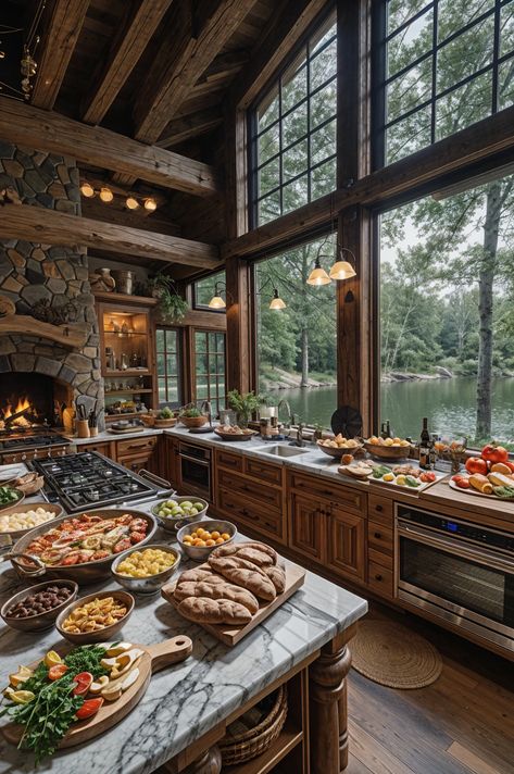 Rustic Kitchen Window 🌿🍽️ Rustic Kitchen Window, Lodge Kitchen, Kitchen View, Log Cabin Ideas, Ideal Kitchen, Dream Life House, House Arch Design, Cottage In The Woods, Kitchen Views