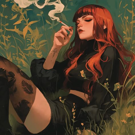 Redhead Witch Art, Witch Oc Drawing, Red Hair Female Oc, Dnd Witch Character, Red Hair Character Art, Redhead Character Art, Female Oc Art Modern, Modern Witch Art, Red Hair Female Character Art