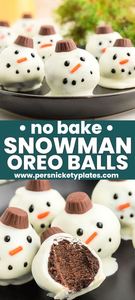 Festive Snowman Oreo balls are impressive, adorable and so much fun to make! With just minutes of prep time and a few simple ingredients, these fudgy no-bake truffles are ready to serve in no time. They're the perfect addition to any holiday dessert table! Turtle Oreo Balls, Melted Snowman Oreo Balls, Oreo Snowman Balls, Work Party Desserts, Christmas Truffle Balls, Oreo Christmas Balls, Holiday Oreo Balls, Desserts For January, Winter Treats For Kids