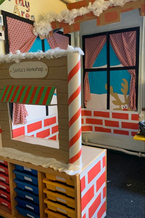 Santas Grotto Role Play, Cardboard Santas Workshop, Santas Workshop Bulletin Board Ideas, School Christmas Fair Stall Ideas, Christmas Home Corner Eyfs, Santas Workshop Dramatic Play Center, Santa’s Workshop Theme, Santa Workshop Decorations Diy, Santa's Workshop Decorations