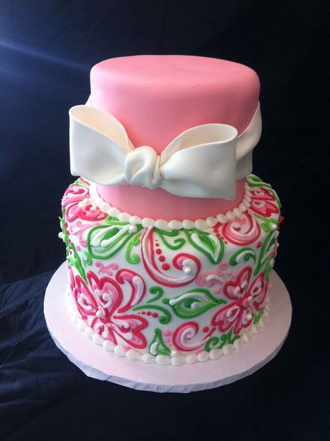 Lilly Pulitzer inspired bridal shower cake Bow Cake, Mini Torte, Bow Cakes, Gateaux Cake, White Lily, Specialty Cakes, Take The Cake, Special Cake, Gorgeous Cakes