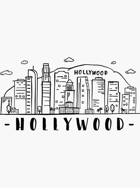 Hollywood Doodles, California Doodle, Hollywood Drawing, Usa Drawing, Hollywood Travel, New York Drawing, Skyline Drawing, Art Room Posters, Design City