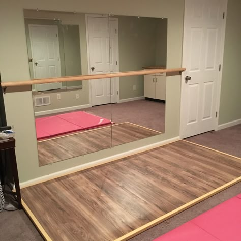 Dance Area In Bedroom, Dance Room In Garage, Basement Ballet Studio, Loft Dance Studio, At Home Dance Space, Diy Dance Room At Home, Gymnastic Room Ideas, Bedroom Dance Studio, Ballet Room In House