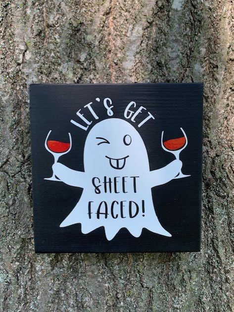 Ghost+Halloween+Decor+Wine+Lovers+Lets+Get+Toasted+Sign+Wood+Vinyl+Fall+Home+Decor Halloween Signage, Halloween Alcohol, Ghost Halloween Decor, Alcohol Signs, Glasses Of Wine, Face Home, Block Painting, Funny Home Decor, Halloween Wine