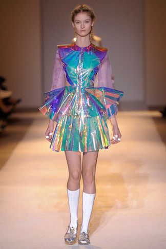 Paula Selby Avellaneda Space Clothes, Space Punk, Space Clothing, Plastic Clothing, Holographic Fashion, Rocket Fuel, Plastic Dress, Knife Pleats, Plastic Clothes