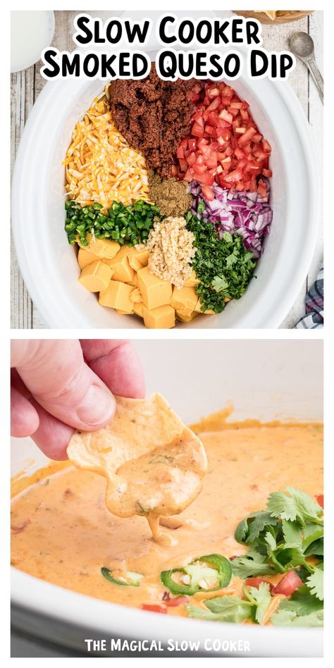 Slow Cooker Smoked Queso has a delicious smoky flavor that sets it apart and makes it a favorite cheese dip for game days and potlucks. Two different kinds of cheese, fresh veggies, and a few other pantry staples come together for a smoked queso dip everyone is sure to love. - The Magical Slow Cooker Chorizo Queso Dip Crockpot, Queso Crockpot Dip, Slow Cooker Nacho Cheese, Potluck Dishes Crockpot, Slow Cooker Queso Dip, Crockpot Queso Dip, Snack Dip Recipes, Crockpot Queso, Queso Dip Crockpot