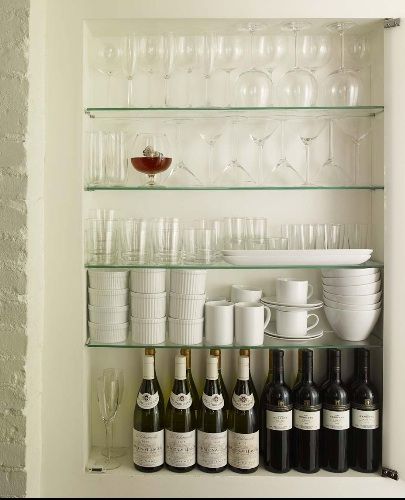 glass Wine Glass Storage, Dining Room Shelves, Bar Shelves, Bubbly Bar, Kitchen Nook, Neat And Tidy, Kitchen Pantry, Glass Shelves, My Dream Home