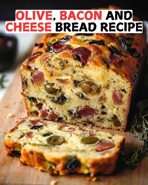 Bacon Olive Cheese Bread, Cheese Bacon Bread, Loaf Recipes Savory, Olive Bacon And Cheese Bread Recipe, Easy Olive Bread, Homemade Olive Bread, Prosciutto Bread With Provolone, Savory Bread Recipes Homemade, Pull Apart Olive Bread