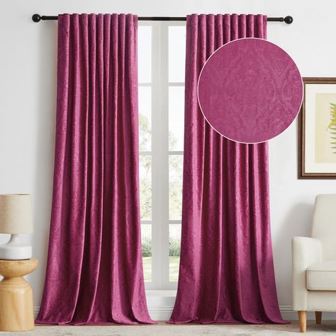 PRICES MAY VARY. PACKAGE CONTENTS: W52xL84inch(132cmx213cm)2 panels velvet blackout curtains , Soft crushed plush velvet fabric drapes ,provide high blackout rate about 70-85% ,allow soft light to pass through. MATERIAL: Curtains&Drapes made of thick and smooth Velvet fabric, vintage classic floral patterns made with special craftsmanship embossed on the surface Coupled with our carefully selected colors make the window drapes more luxurious and decorative.It is soft, comfortable, skin friendly. Jewel Toned Curtains, Studio Apartment Curtains, Magenta Curtains, Boho Drapes, Townhouse Inspiration, White Velvet Curtains, Colored Curtains, Pink Velvet Curtains, Goth Babe