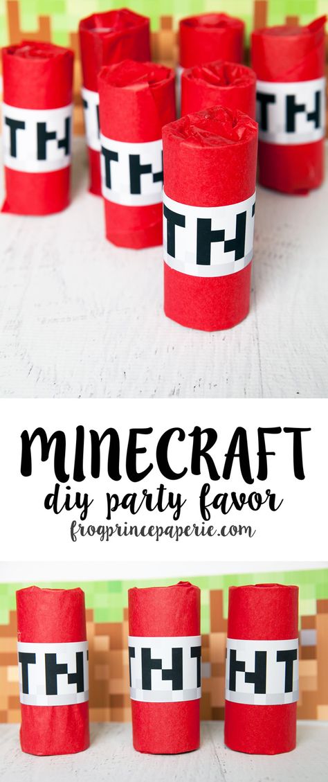 Minecraft Party Favor DIY – TNT! Use empty cardboard tubes, red tissue paper and a printable file to make Minecraft TNT treats. These are great as Minecraft party favors or to give to trick or treaters--it'll make your house the coolest one on the block! Minecraft Tnt Printable Free, Minecraft Party Favor Ideas, Diy Minecraft Party Favors, Minecraft Treats, Minecraft Party Invitations, Diy Kids Party Favors, Minecraft Party Games, Minecraft Party Food, Minecraft Party Printables