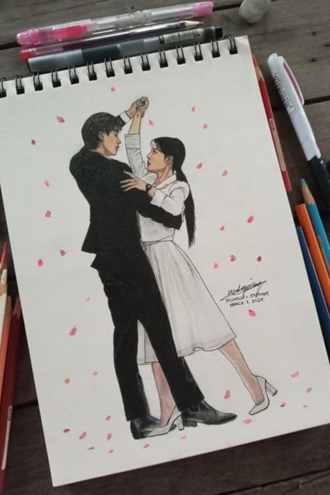 Drawing Of A Couple Breaking Up, Sleep Art Aesthetic, Kdrama Actors Drawing, My Demon Kdrama Sketch, K Drama Sketches Easy, K Drama Sketches, My Demon Drawing, Kdrama Painting Ideas, My Demon Kdrama Drawing