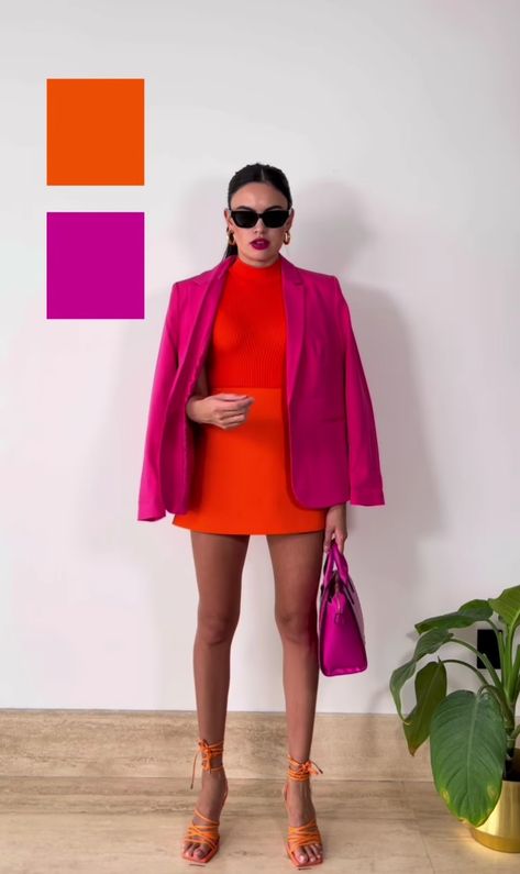 Pink Orange Outfit Color Combos, Opposite Color Outfit, Bright Work Outfits, Color Blocking Outfits Summer, Fushia Outfit, Colorblocking Outfit, Outfit Colour Combinations, Colour Blocking Outfit, Ropa Color Neon