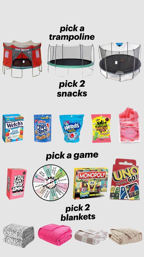 pick a trampoline sleepover Trampoline Sleepover Ideas, Trampoline Sleepover, Sleepover Stuff, Trampoline Party, Birthday Sleepover Ideas, Making A Gift Basket, Birthday Sleepover, Sleepover List, Home Things