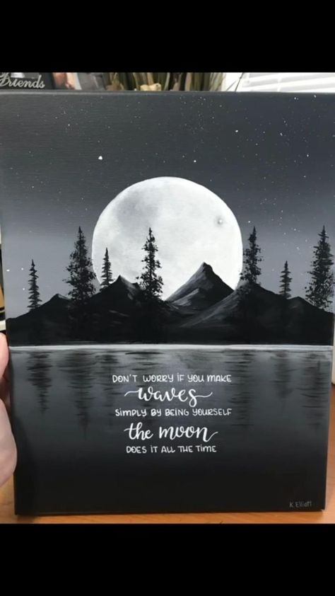 Canvas Art Painting Landscape, Art Diy Canvas, Moon Acrylic Painting, Black Background Painting, Moon Acrylic, Art Painting Landscape, Oil Pastel Drawings Easy, Black Canvas Paintings, Dark Paintings