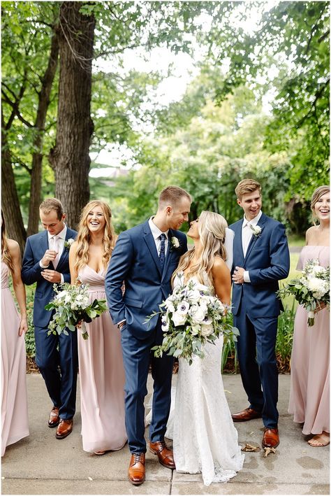 Spring Wedding Colors Navy Suits, Grooms Color Suits, Wedding Men Suit Blue, Men's Wedding Suits Blue Navy, Mens Suit Colors For Wedding, Summer Wedding Colors Groomsmen, Grooms Men And Bridesmaids Attire, Bridal Party With Navy Blue Suits, Blue Tuxes Wedding