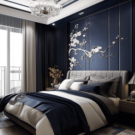 Luxurious Navy Blue Contemporary Bedroom [Room Inspiration] White Bedroom Blue Accents, Blue Navy Bedroom, Dark Navy Bedroom, Luxury Blue Bedroom, White Gold Bedroom, Bedroom Inspirations For Small Rooms, Dark Blue Rooms, Blue And Gold Bedroom, Futuristic Bedroom